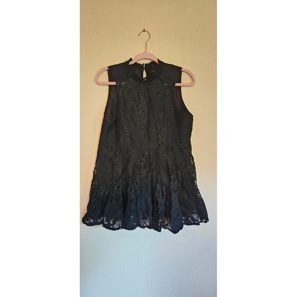 Suzanne Betro Black Lace Sleeveless High Neck Peplum Top Womens Large L